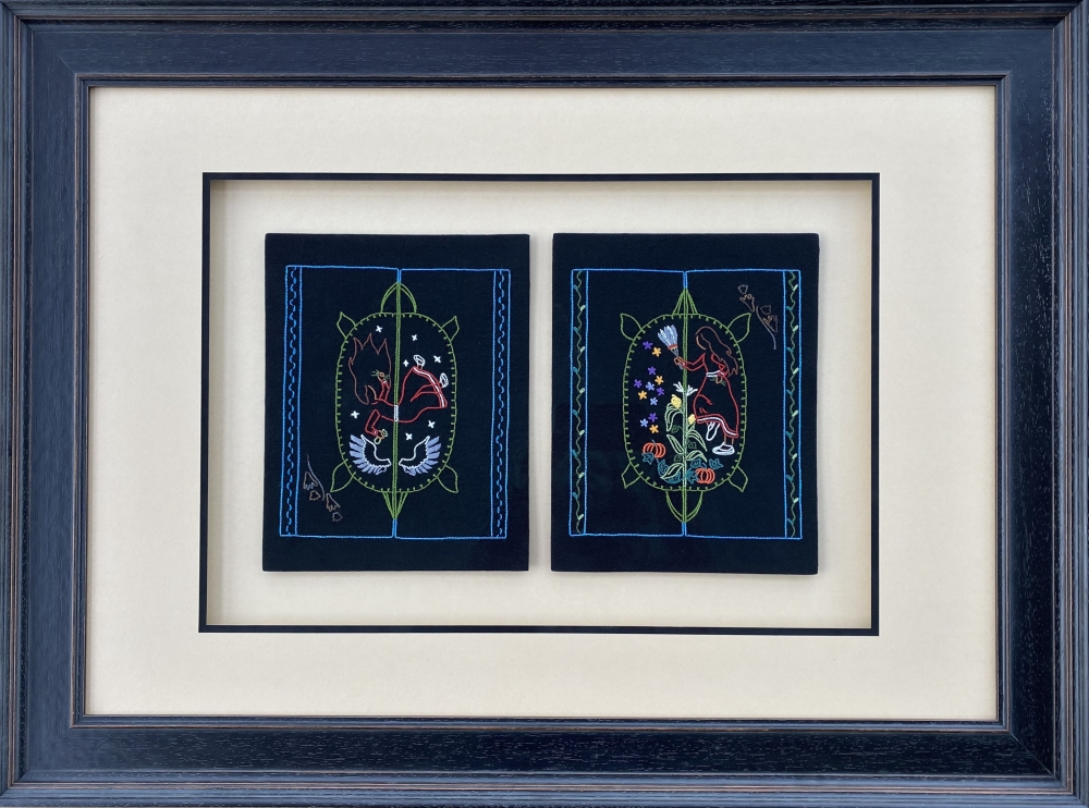 Sky Woman, Turtle Island and the Three Sisters

Embroidery, Framed

&amp;copy; 2020 Loriene Pearson

Not for sale

&amp;nbsp;